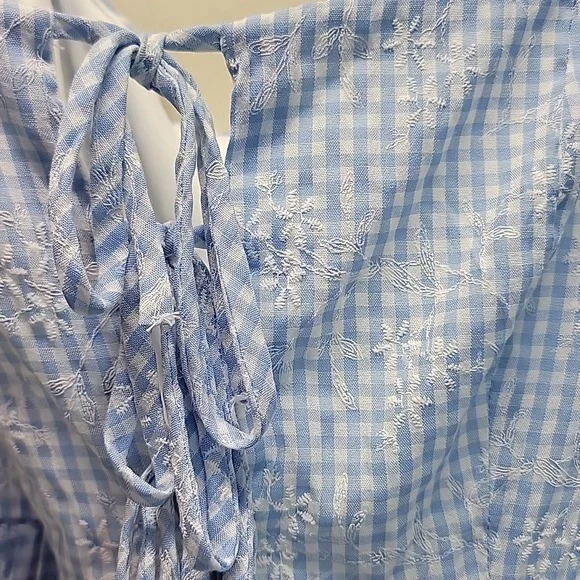 ORIGINALITY BLUE WHITE GINGHAM TIE-FRONT PUFF SLEEVE MINI DRESS SZ MEDIUM - Picture 6 of 14